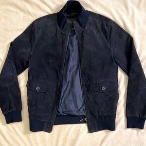 ZARA MAN Navy Suede Bomber Jacket | Size M | Ribbed Collar | Minimalist Classic
